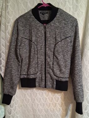 For Cynthia Gray Tweed Bomber Jacket with Black Trim